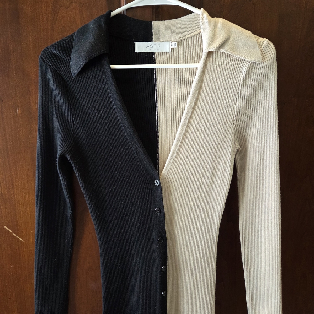 ASTR Black and Cream Ribbed Cardigan